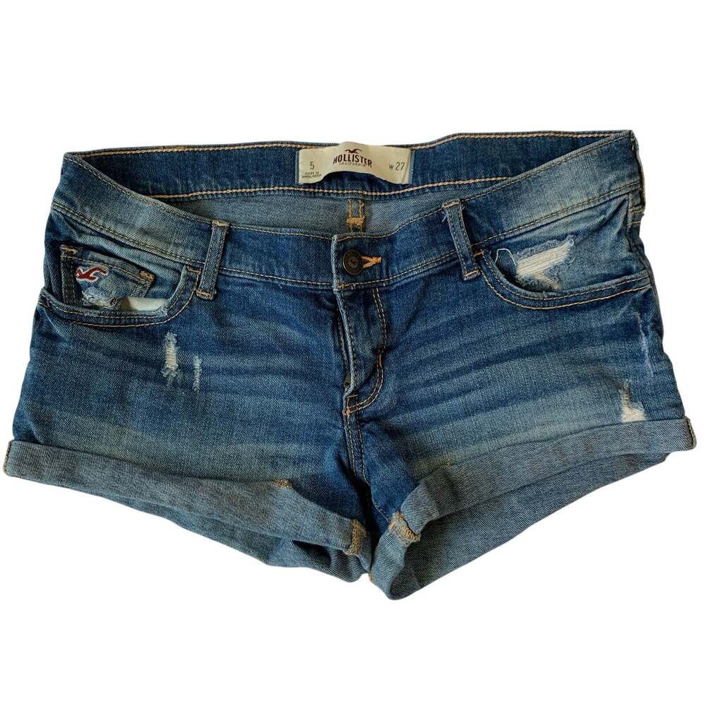 Hollister Womens Size 5 W27 Blue Denim Shorts Distressed Low Rise Cuffed Cutoffs
